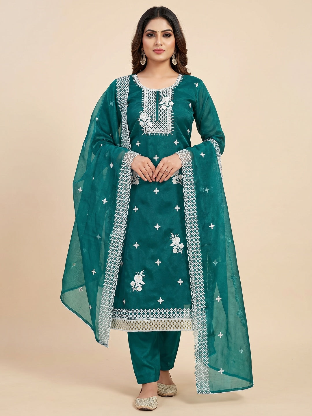 Teal Green Floral Embroidered Organza Dress Material - Image 1