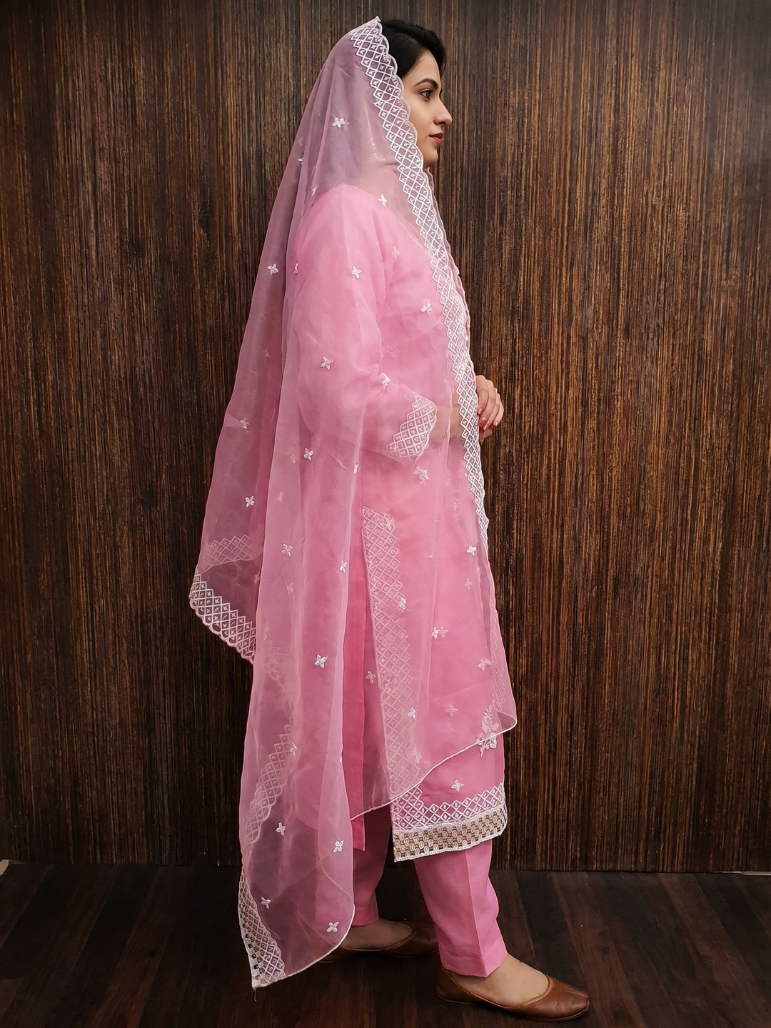Pink Floral Embroidered Organza Dress Material - Image 3