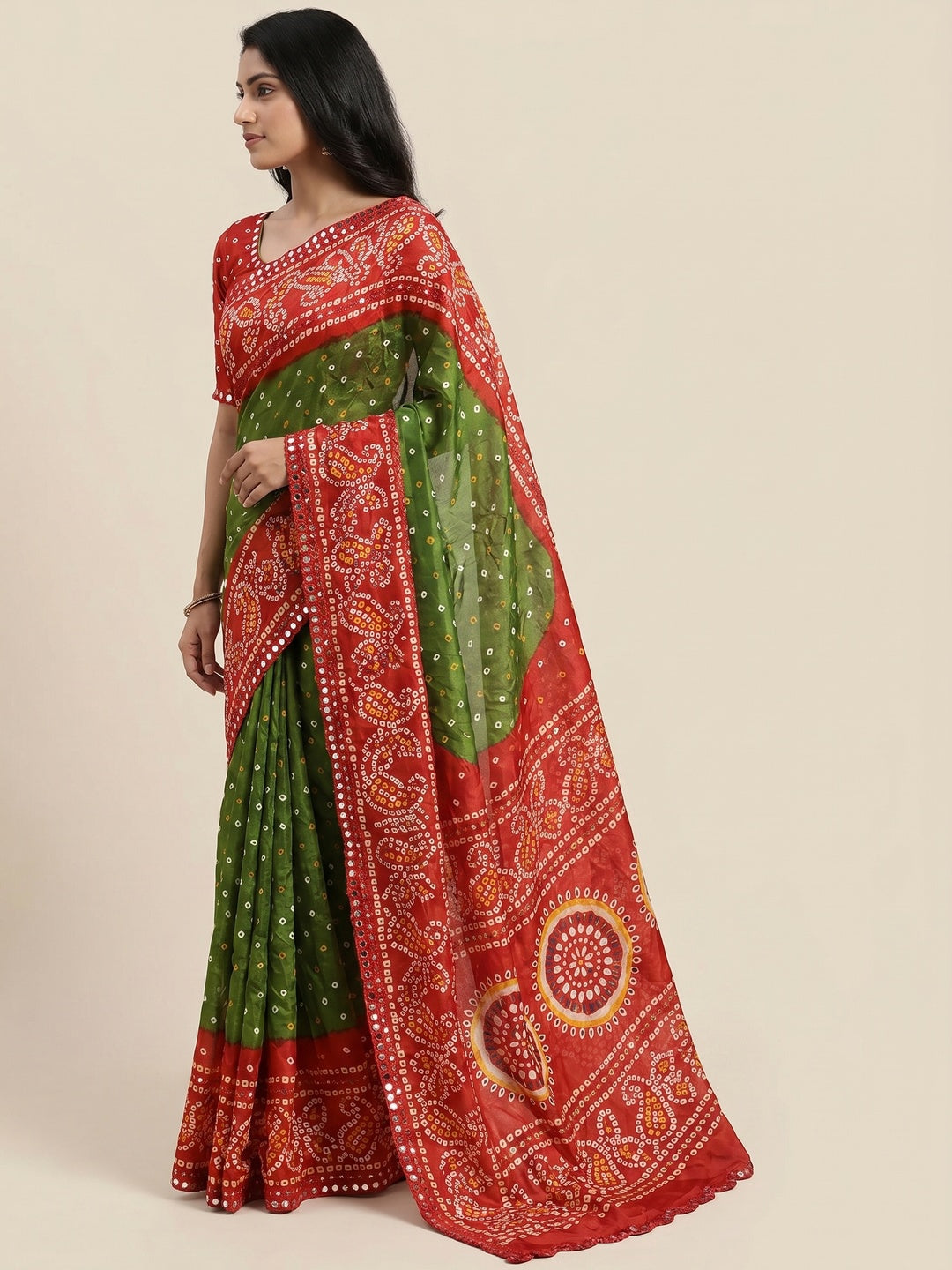 Light Green & Red Bandhani Printed Chiffon Saree With Mirror Border - Image 1