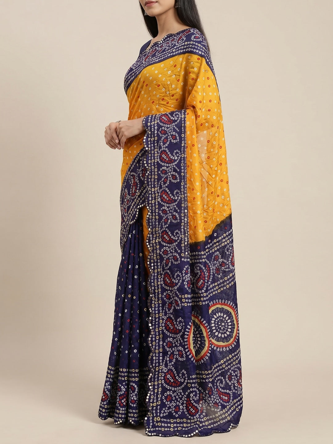 Mustard & Blue Bandhani Printed Chiffon Saree With Mirror Border - Image 2