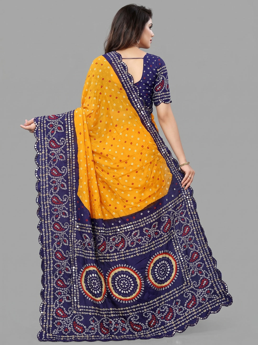 Mustard & Blue Bandhani Printed Chiffon Saree With Mirror Border - Image 3