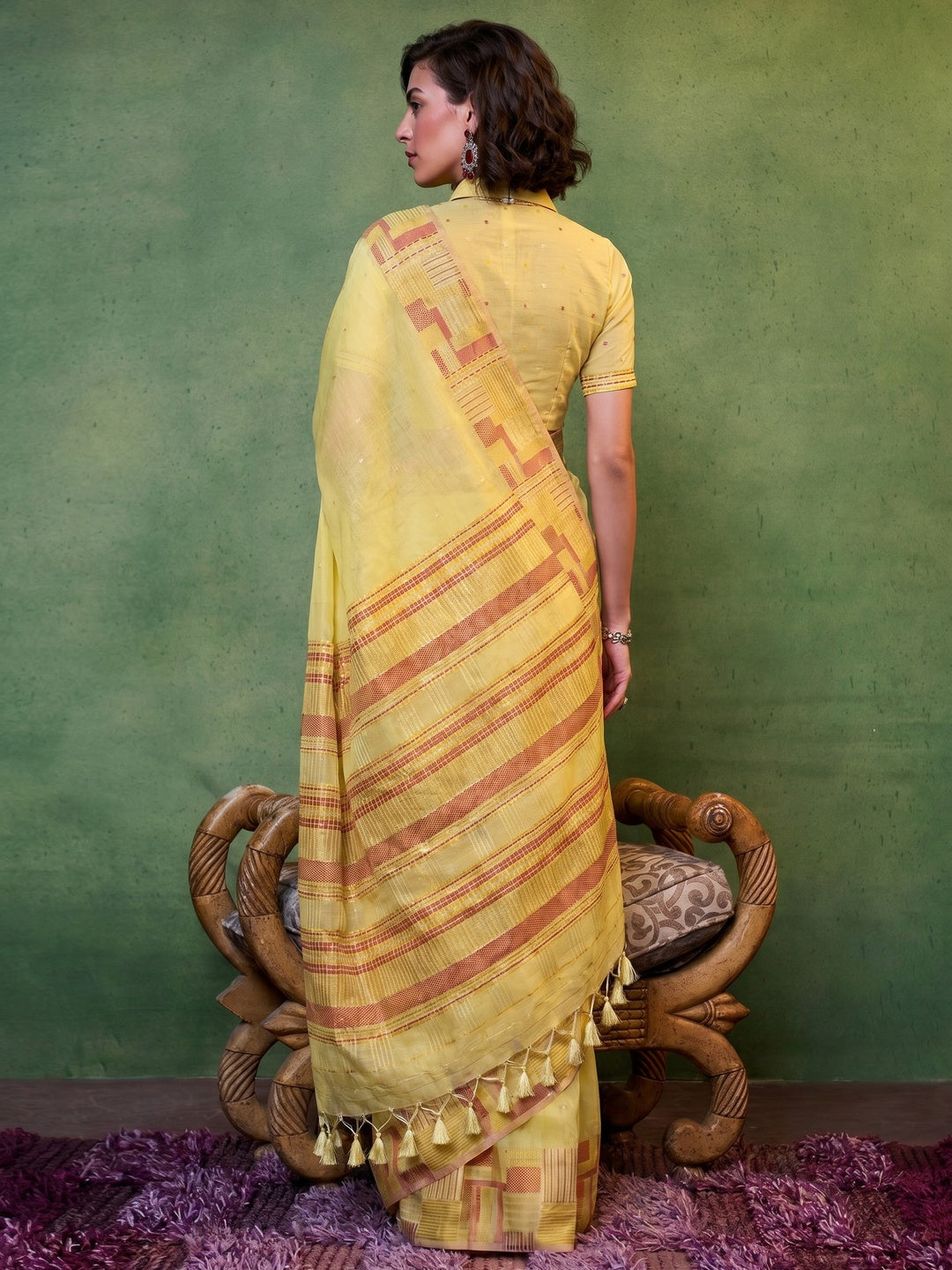 Yellow Woven Cotton Silk Saree With Tassels - Image 1