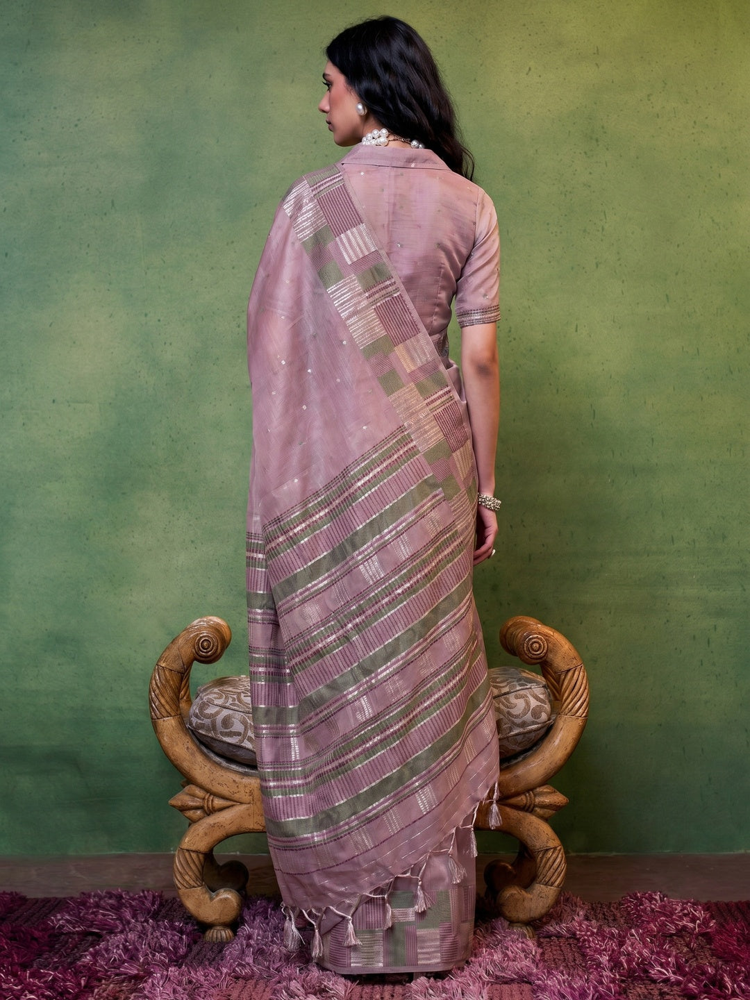 Mauve Woven Cotton Silk Saree With Tassels - Image 1