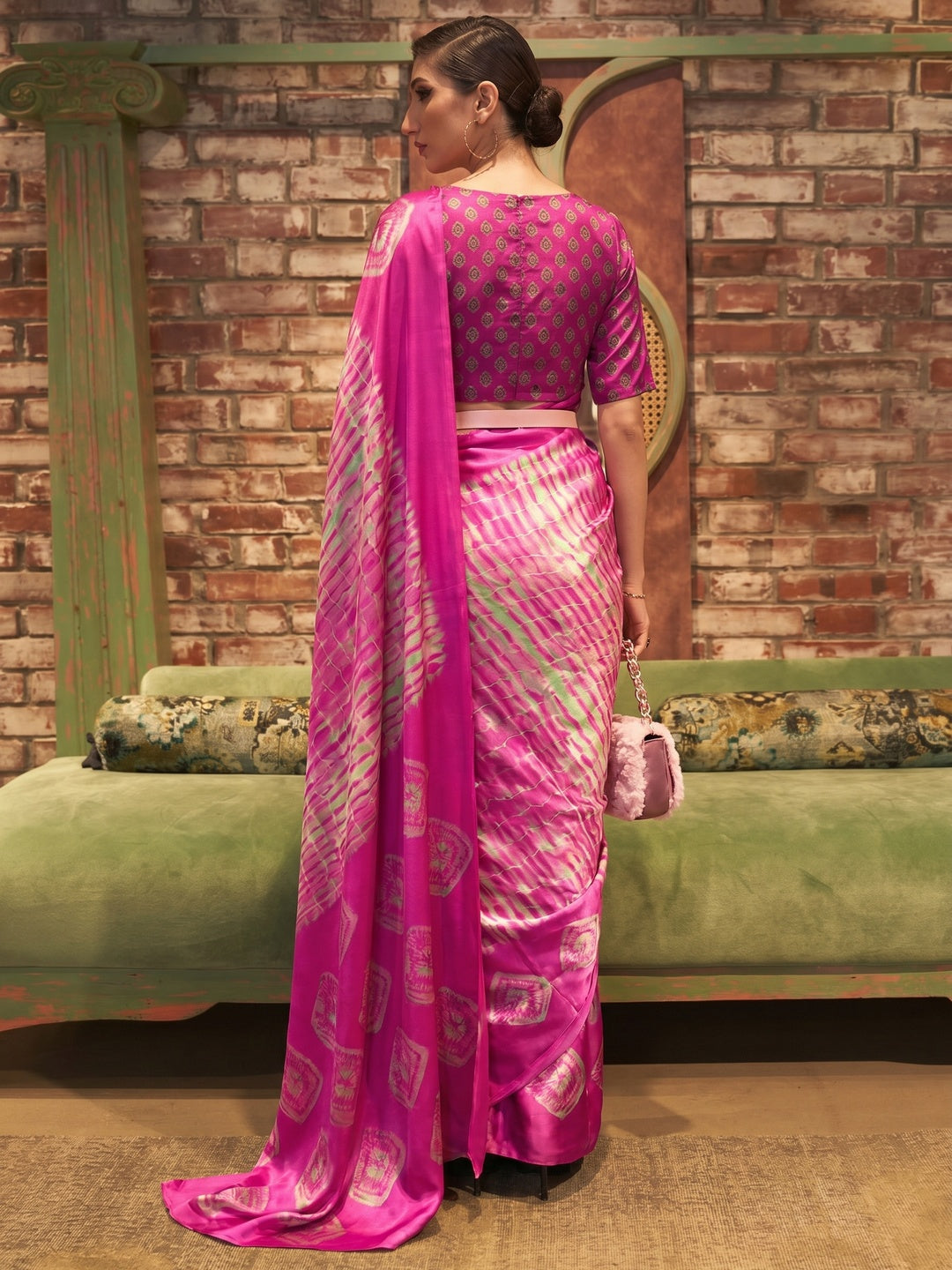 Magenta Printed Satin Saree - Image 1