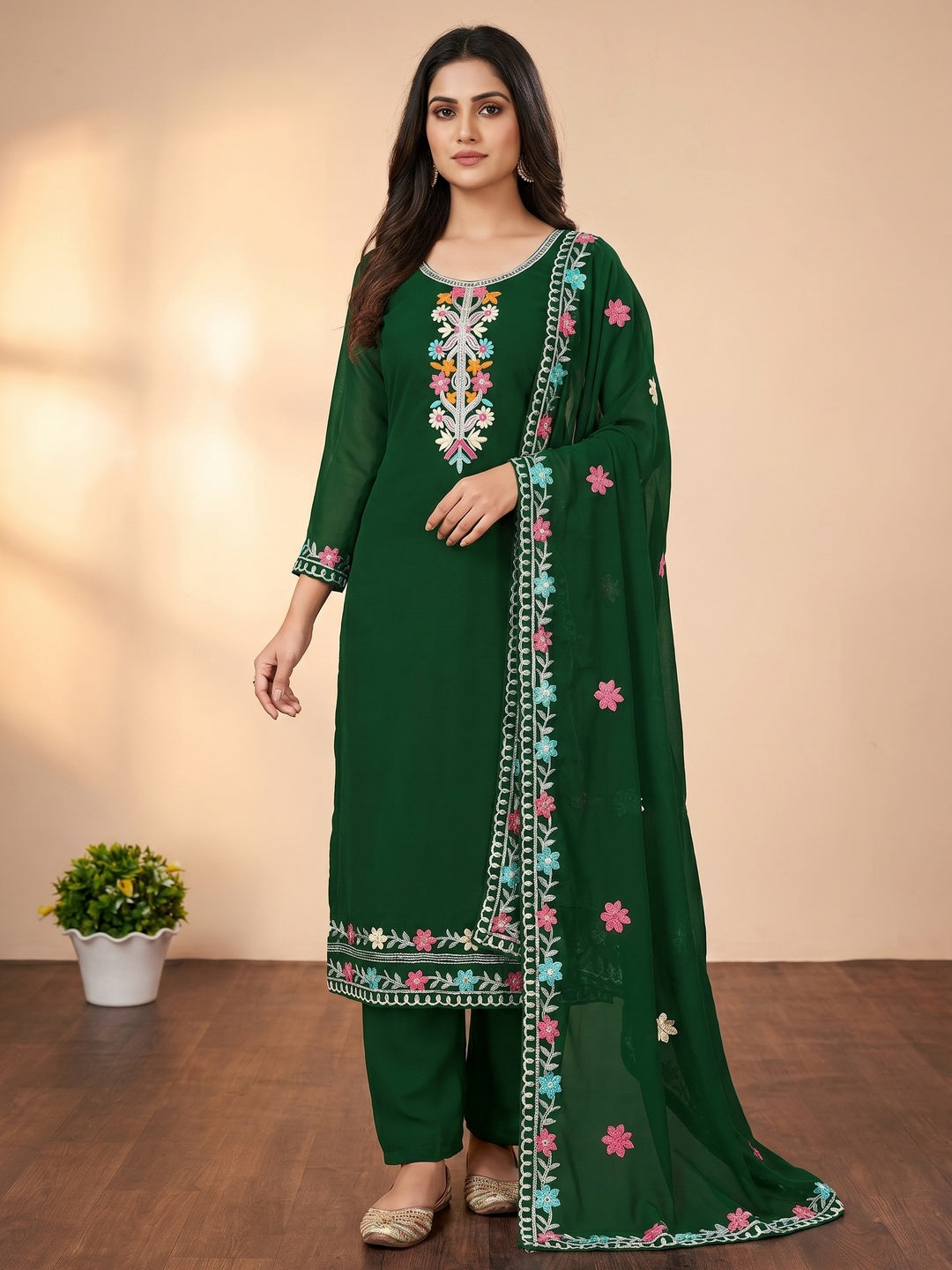 Dark Green Floral Sequins Embroidered Georgette Dress Material - Image 1