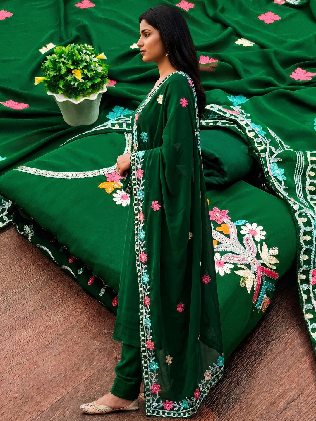 Dark Green Floral Sequins Embroidered Georgette Dress Material - Image 3