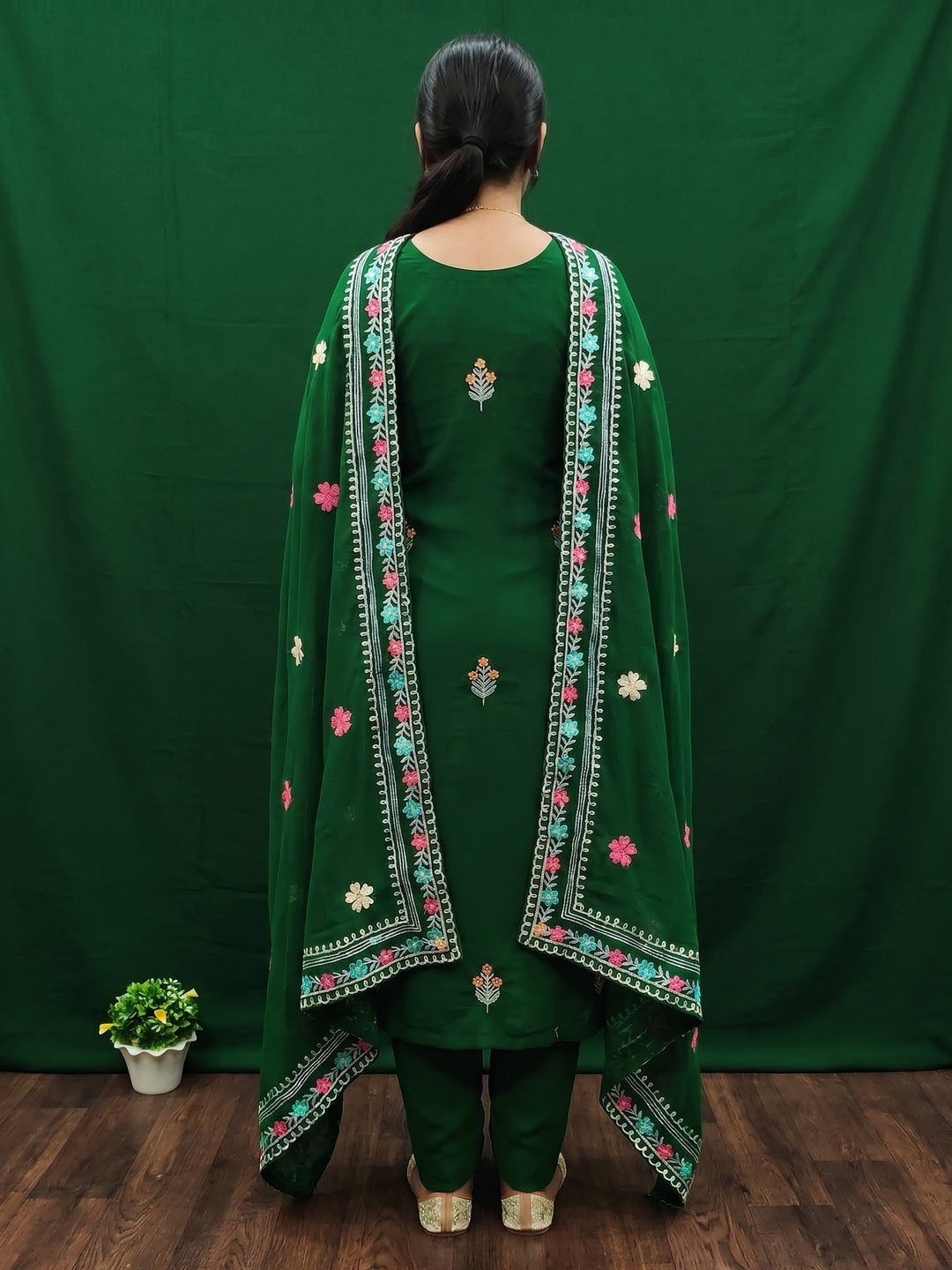 Dark Green Floral Sequins Embroidered Georgette Dress Material - Image 2