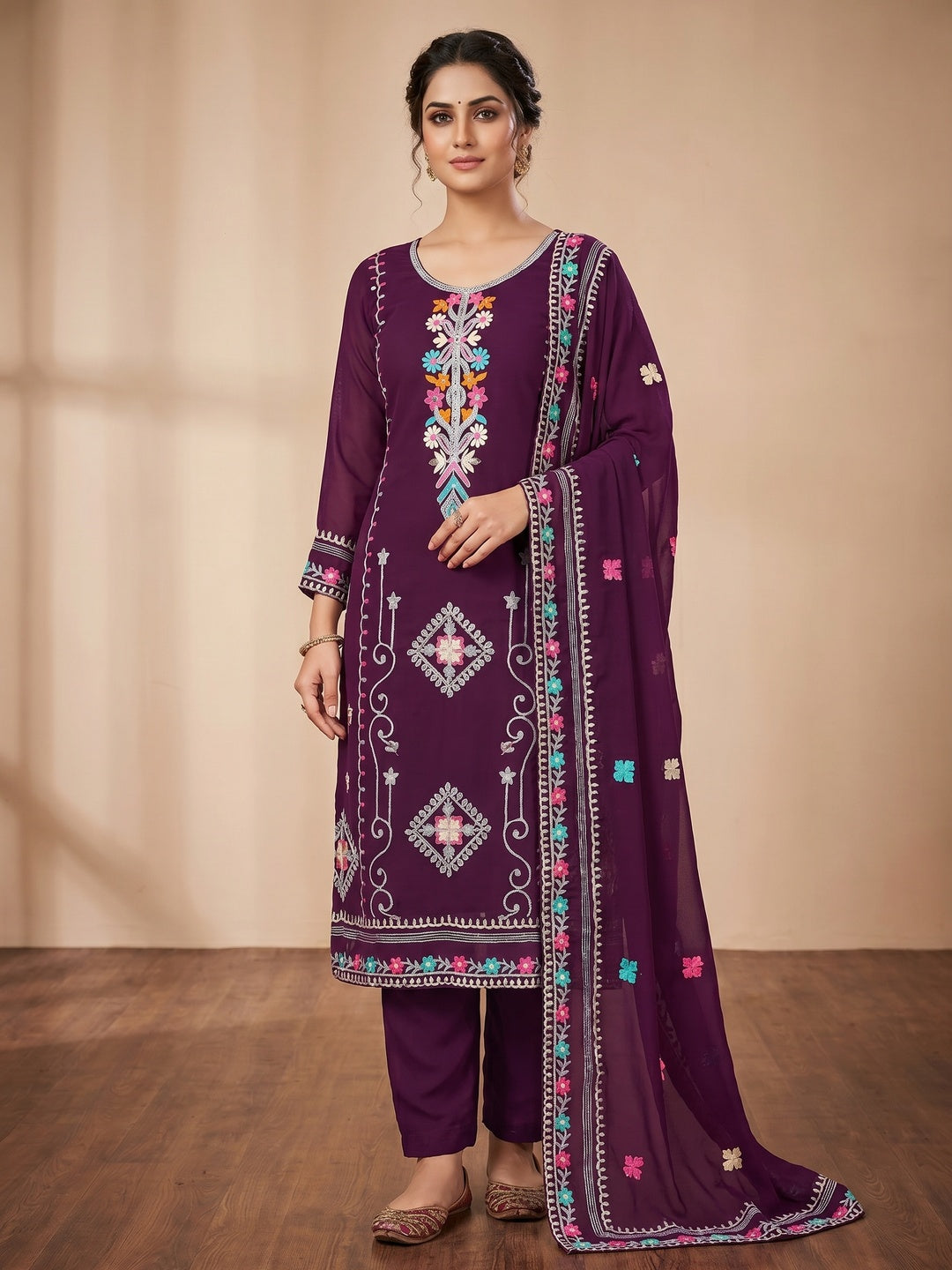 Wine Floral Sequins Embroidered Georgette Dress Material - Image 1