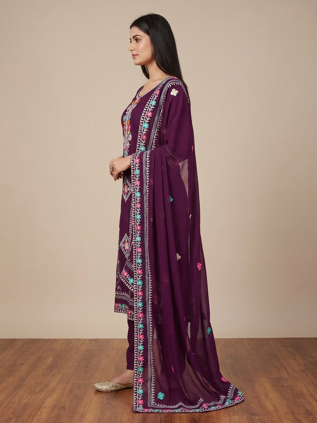 Wine Floral Sequins Embroidered Georgette Dress Material - Image 2