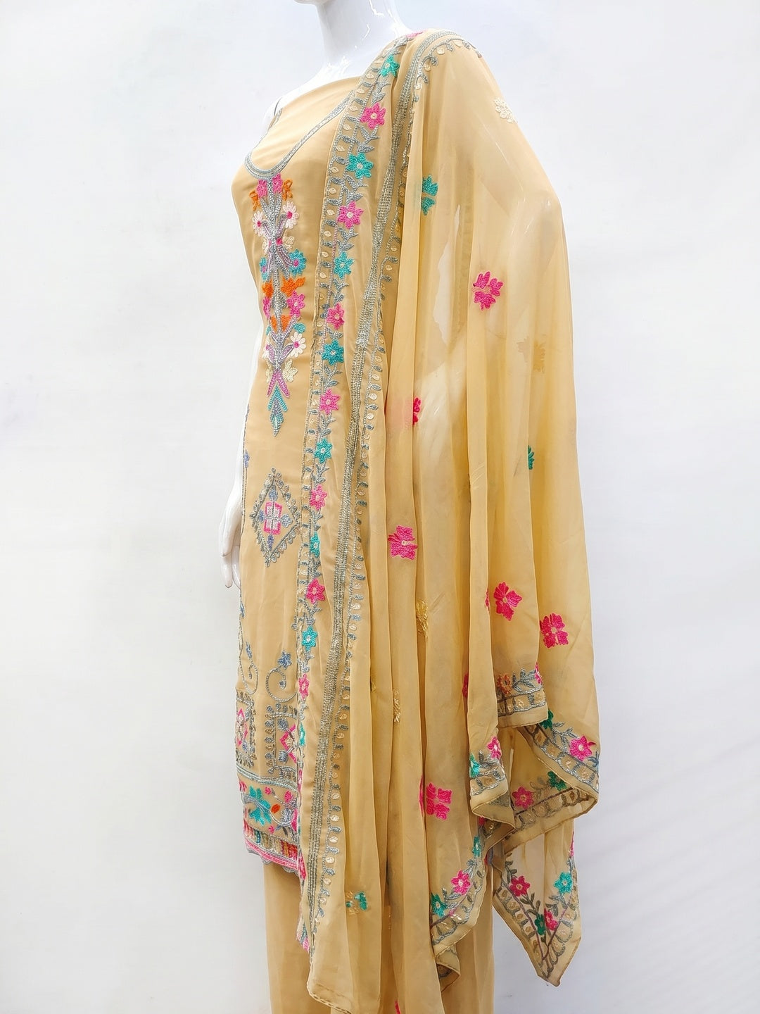 Chikoo Floral Sequins Embroidered Georgette Dress Material - Image 2