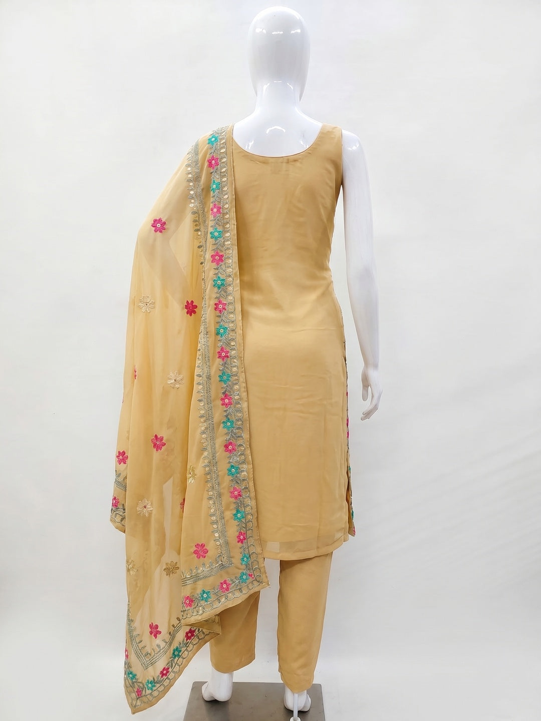 Chikoo Floral Sequins Embroidered Georgette Dress Material - Image 3