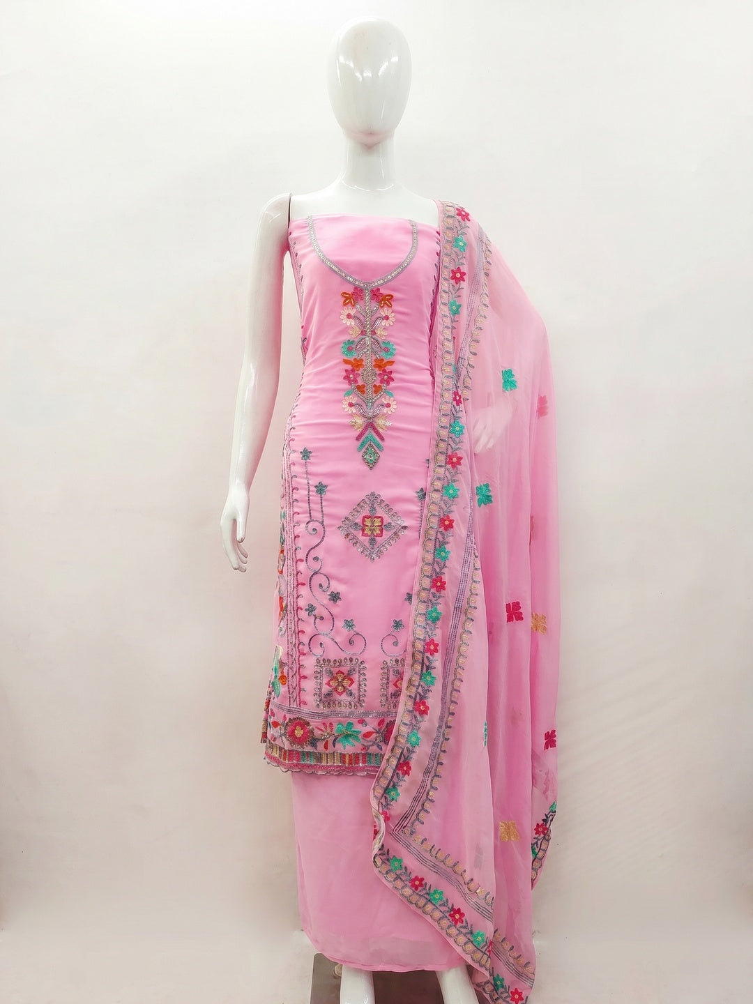 Pink Floral Sequins Embroidered Georgette Dress Material - Image 1