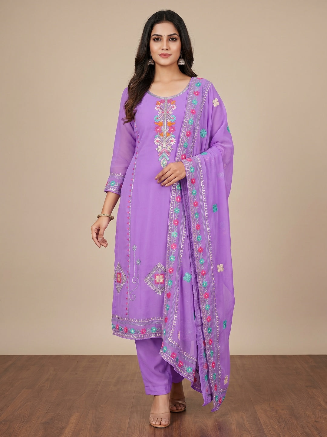 Lavender Floral Sequins Embroidered Georgette Dress Material - Image 1
