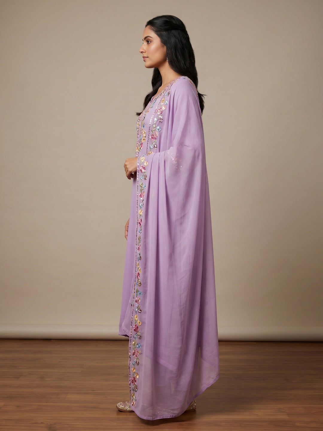 Lavender Floral Sequins Embroidered Georgette Dress Material - Image 2