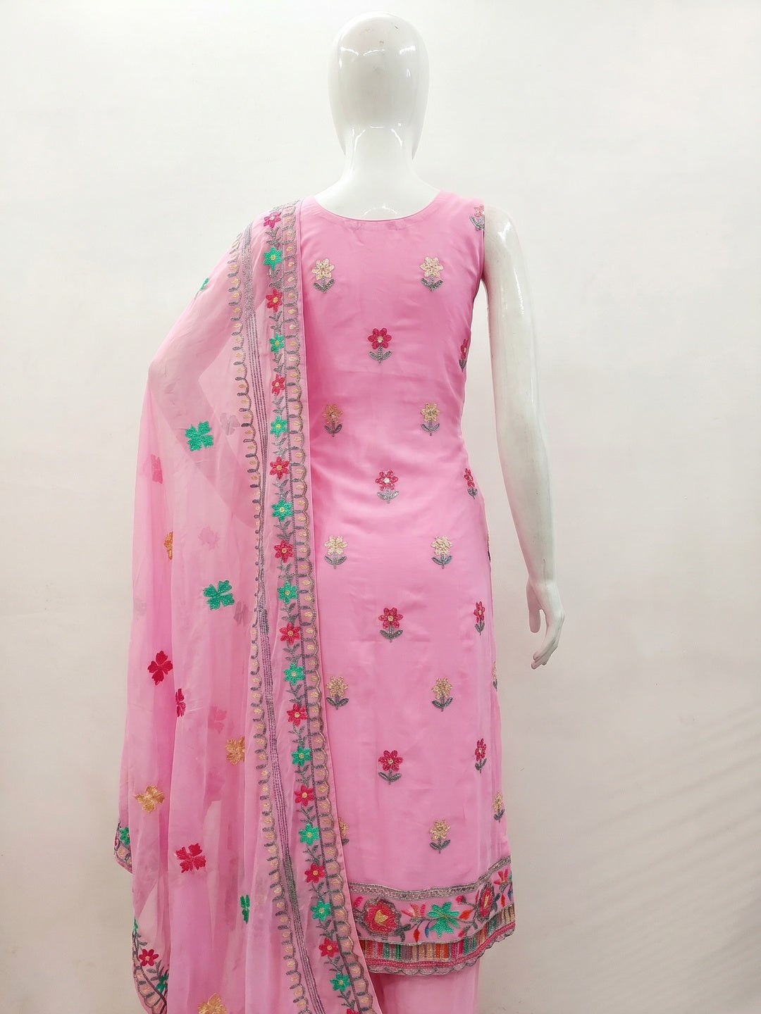 Pink Floral Sequins Embroidered Georgette Dress Material - Image 2