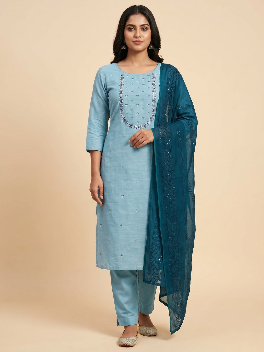 Sky Blue Embroidered Pure Cotton Dress Material - Image 1