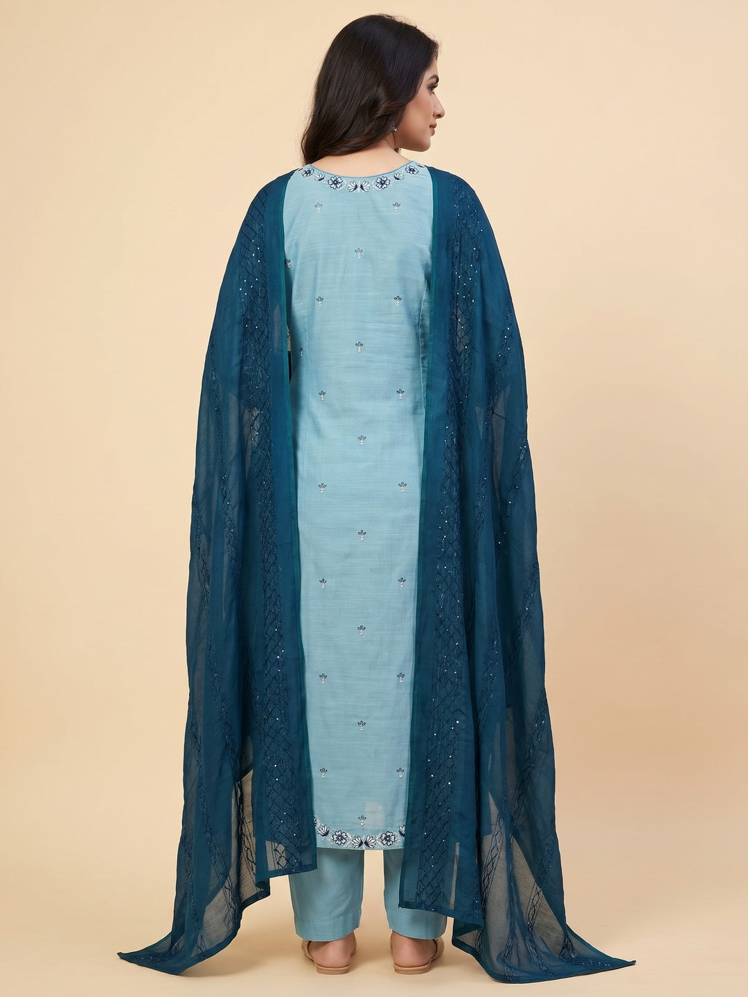 Sky Blue Embroidered Pure Cotton Dress Material - Image 2
