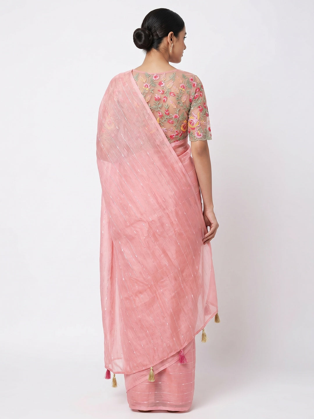 Peach Sequins Embroidered Organza Saree With Tassels - Image 3