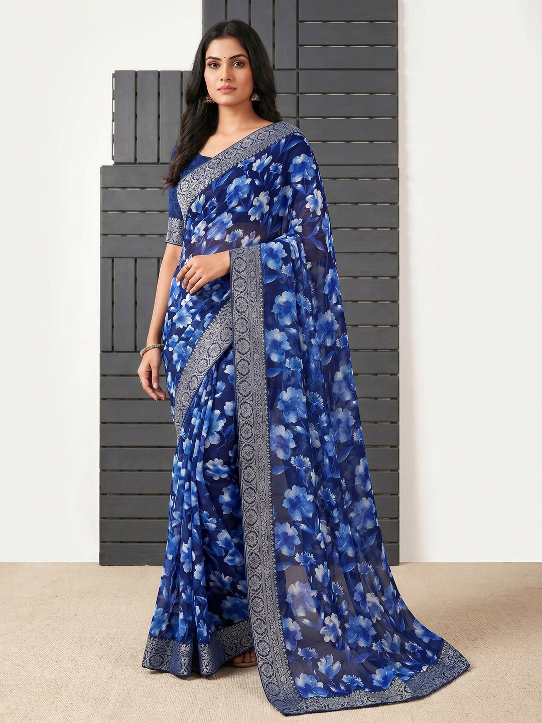 Blue Floral Printed Georgette Saree With Woven Border - Image 1