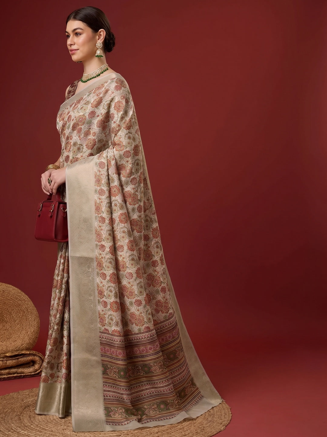 Beige Digital Printed Cotton Silk Saree With Border - Image 1