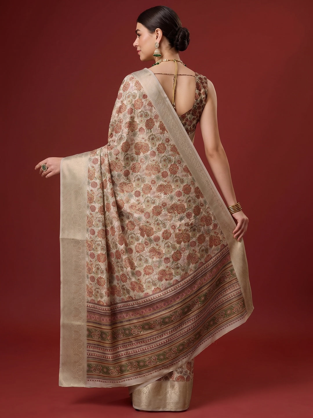 Beige Digital Printed Cotton Silk Saree With Border - Image 2