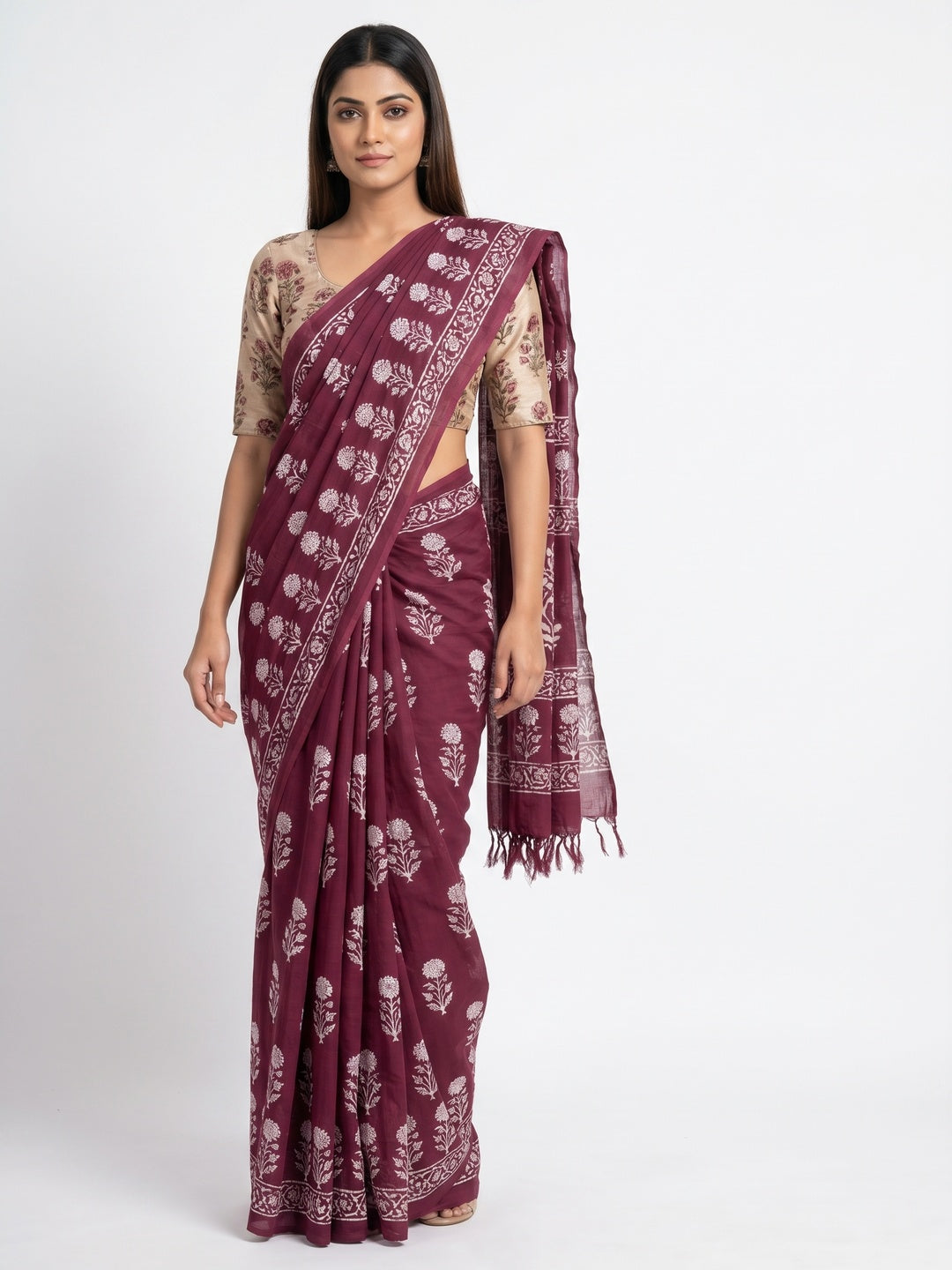 Wine Floral Printed Muslin Saree With Tassels - Image 1
