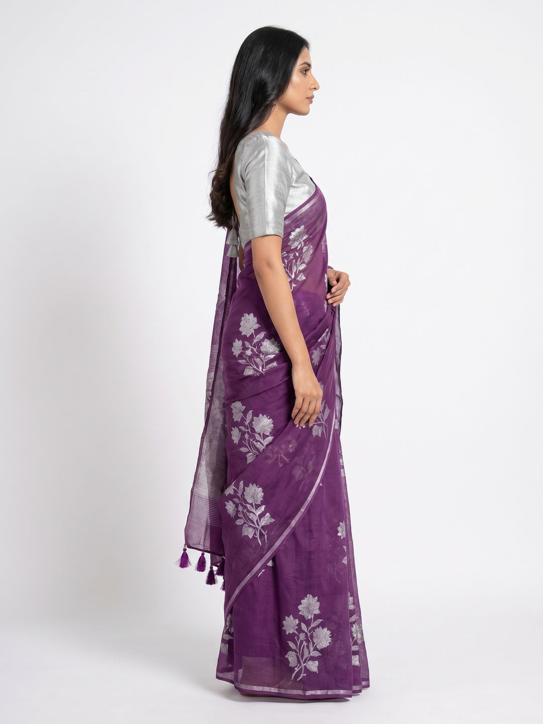 Purple Floral Printed Muslin Saree With Tassels - Image 3