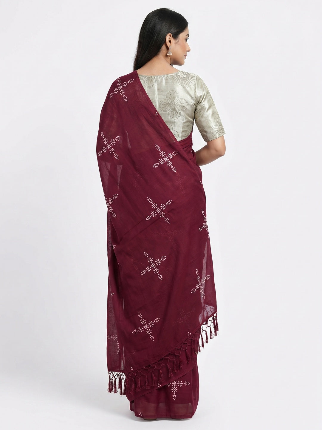 Wine Floral Printed Muslin Saree With Tassels - Image 3