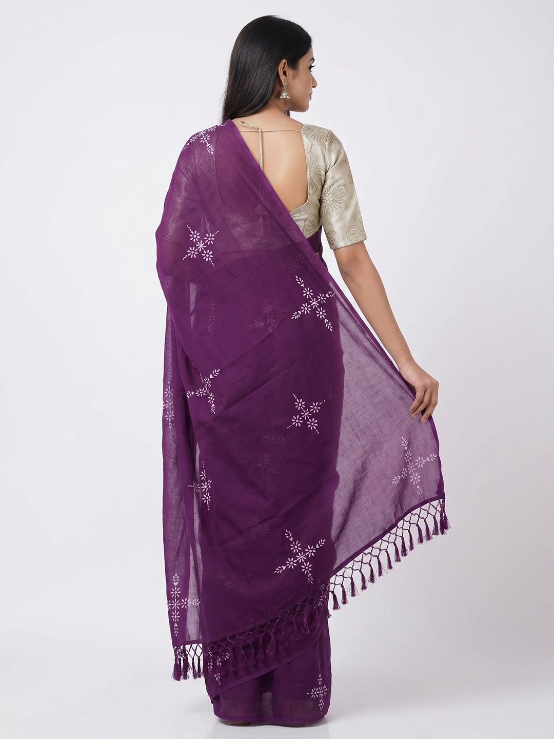 Purple Floral Printed Muslin Saree With Tassels - Image 2