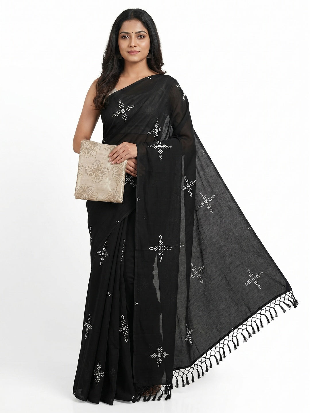 Black Floral Printed Muslin Saree With Tassels - Image 1