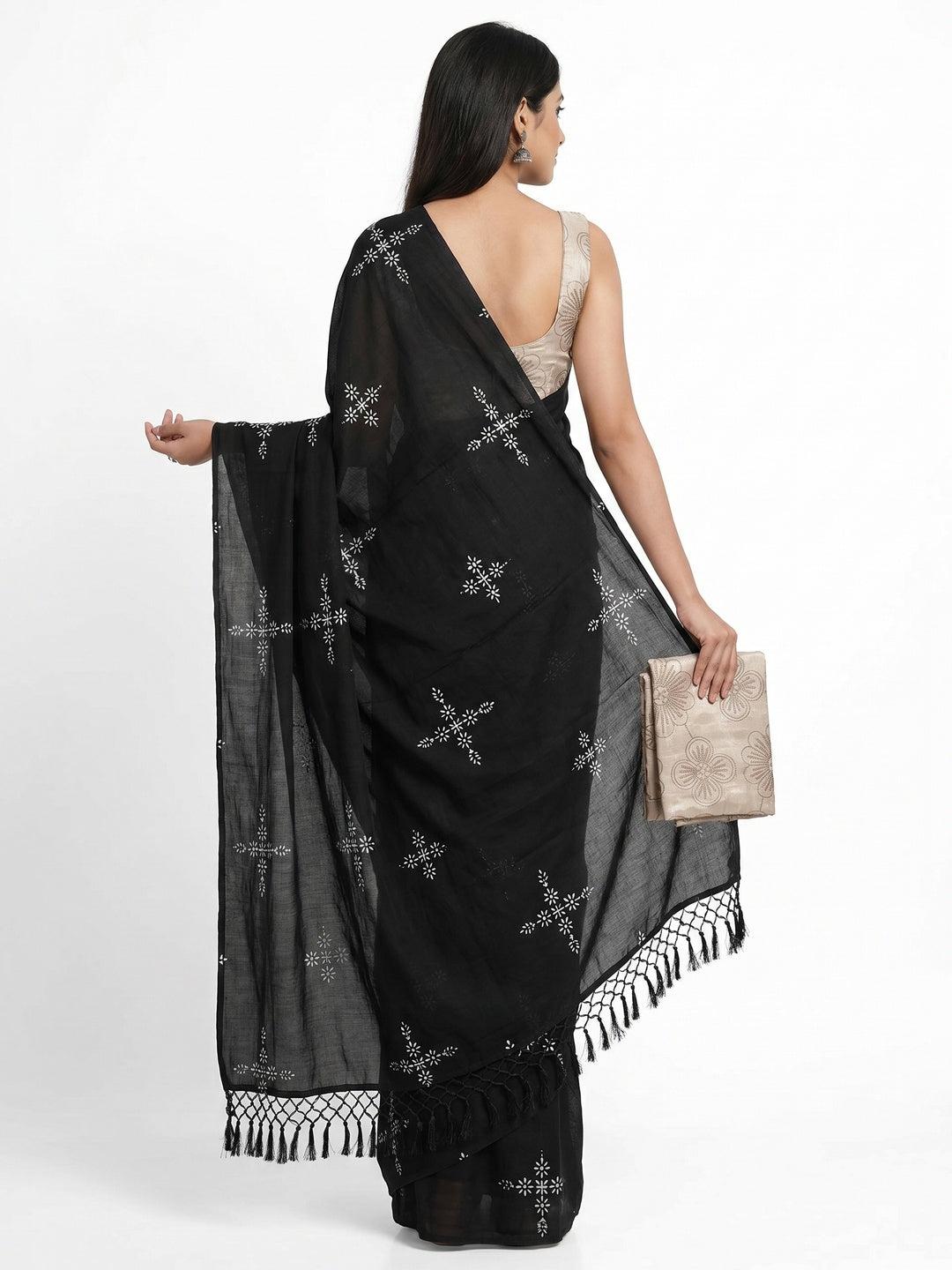 Black Floral Printed Muslin Saree With Tassels - Image 3