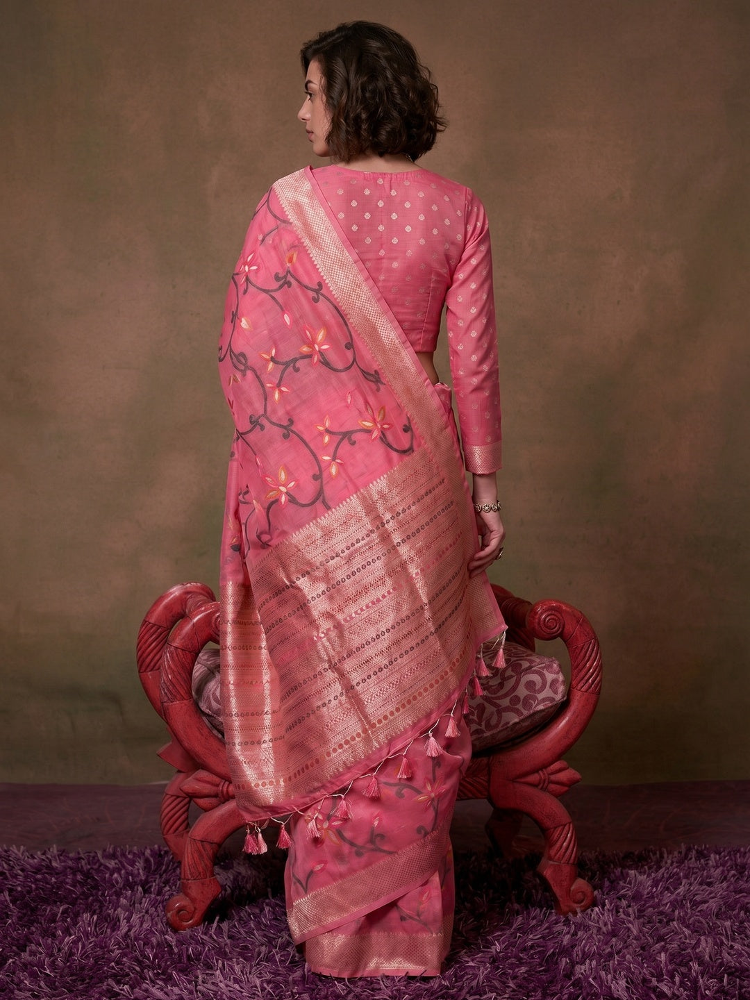 Gajri Pink Floral Woven Cotton Silk Saree With Tassels - Image 1