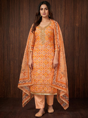 Orange Printed With Sequins Embroidered Organza Dress Material - Image 1
