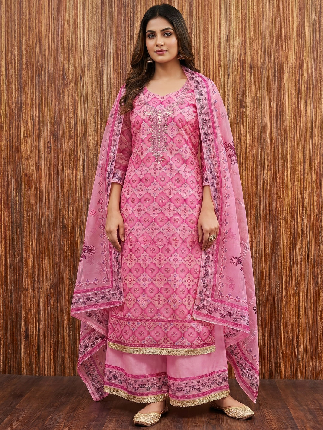 Pink Printed With Sequins Embroidered Organza Dress Material - Image 1