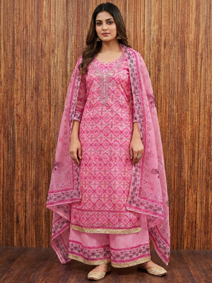 Pink Printed With Sequins Embroidered Organza Dress Material - Image 1
