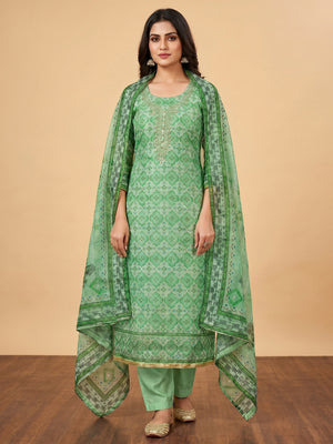 Green Printed With Sequins Embroidered Organza Dress Material - Image 1
