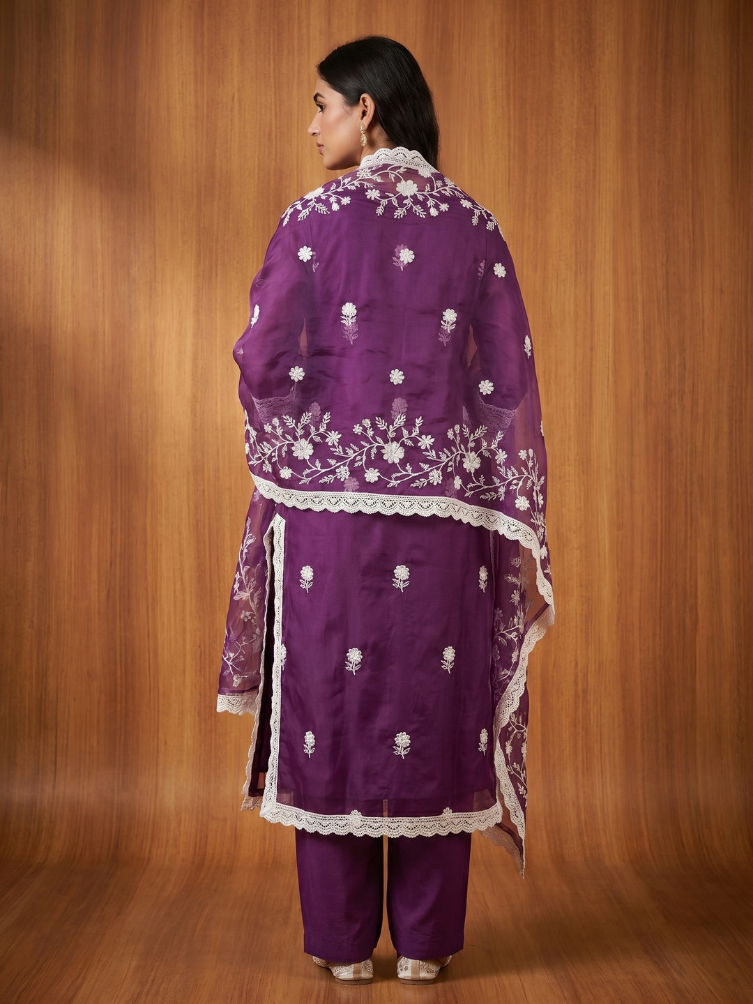 Purple Floral Embroidered Organza Dress Material - Image 2