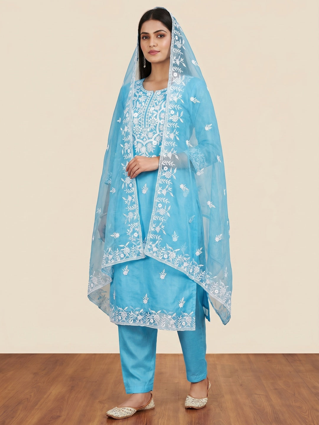 Blue Floral Embroidered Organza Dress Material - Image 1