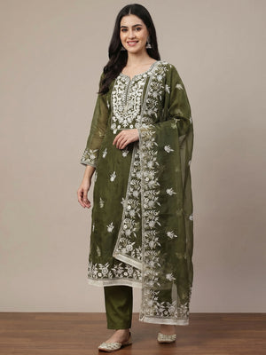 Green Floral Embroidered Organza Dress Material - Image 1