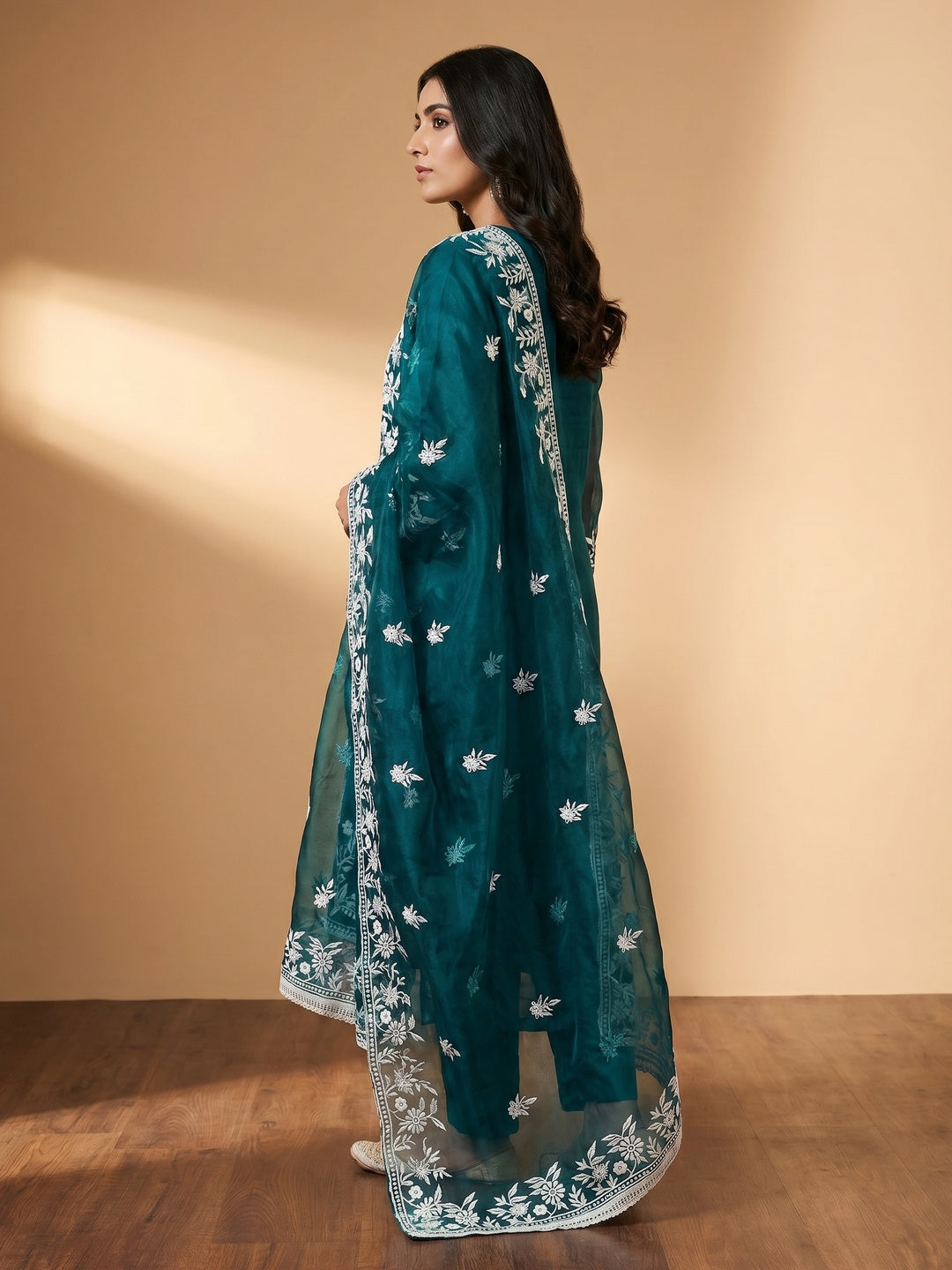 Teal Floral Embroidered Organza Dress Material - Image 3