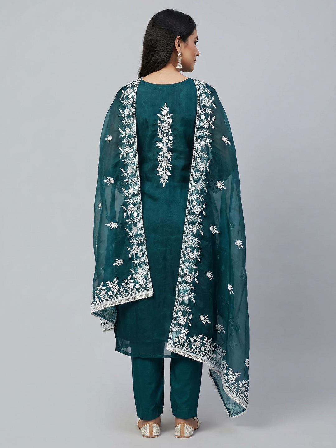 Teal Floral Embroidered Organza Dress Material - Image 2