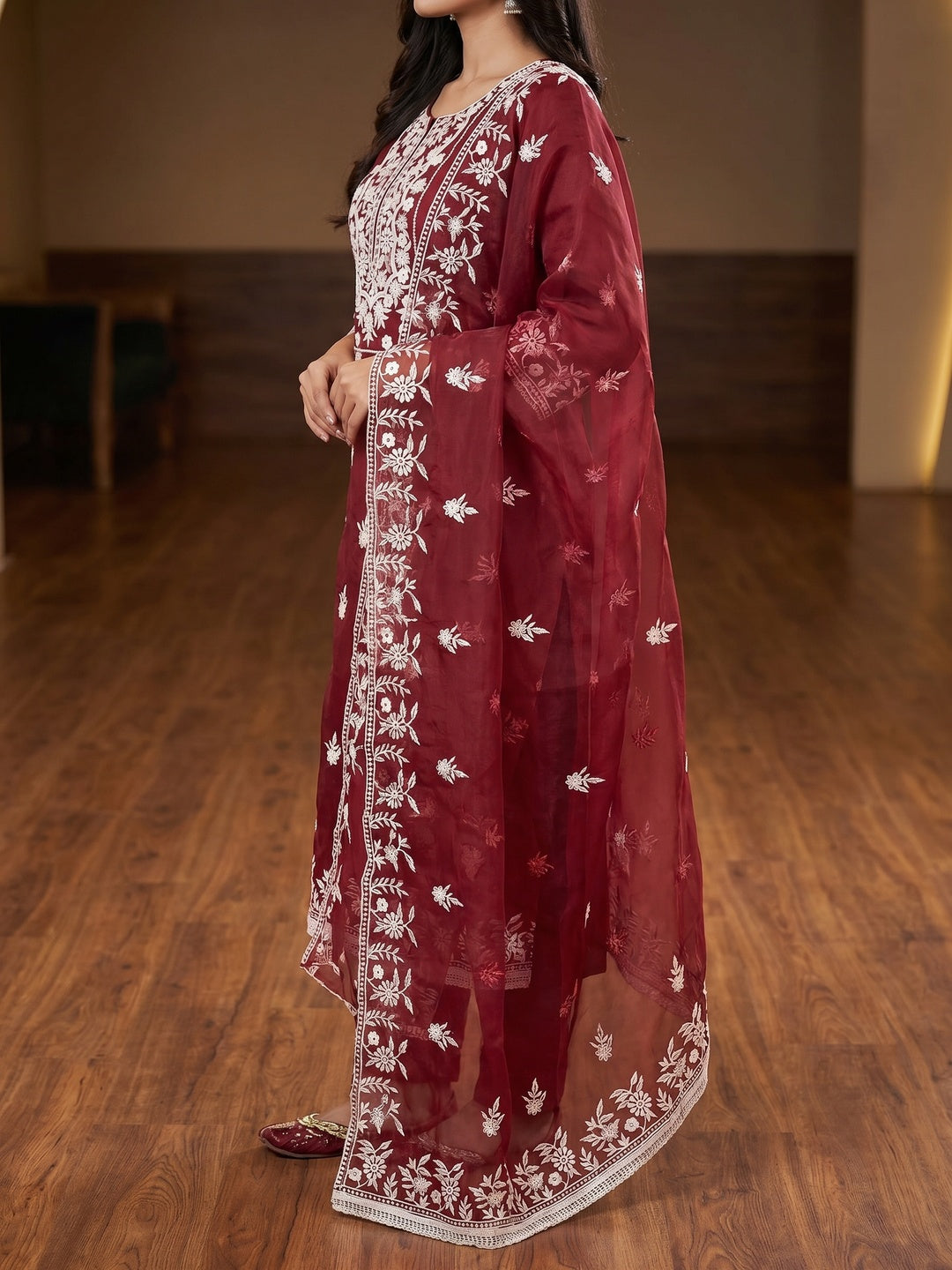 Maroon Floral Embroidered Organza Dress Material - Image 2