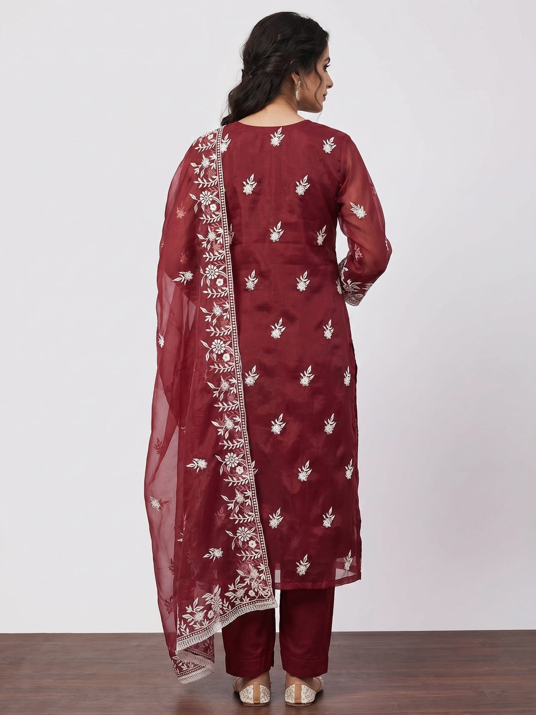 Maroon Floral Embroidered Organza Dress Material - Image 3