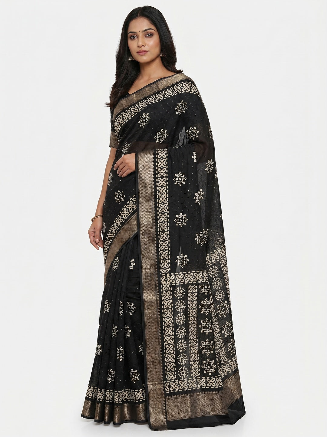 Black Printed With Sequins Work Dola Silk Saree - Image 1