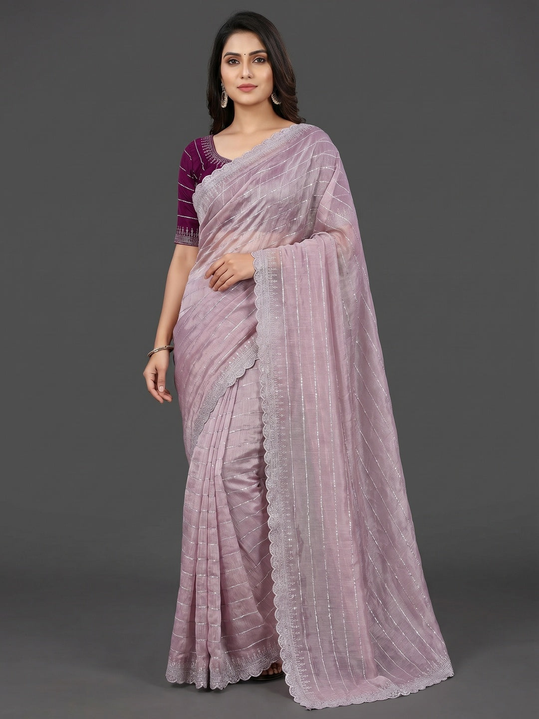 Light Mauve Sequins Embroidered Chiffon Silk Saree - Image 1