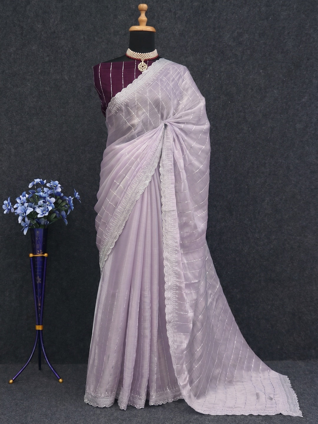 Lavender Sequins Embroidered Chiffon Silk Saree - Image 1
