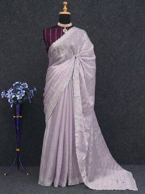 Lavender Sequins Embroidered Chiffon Silk Saree - Image 1