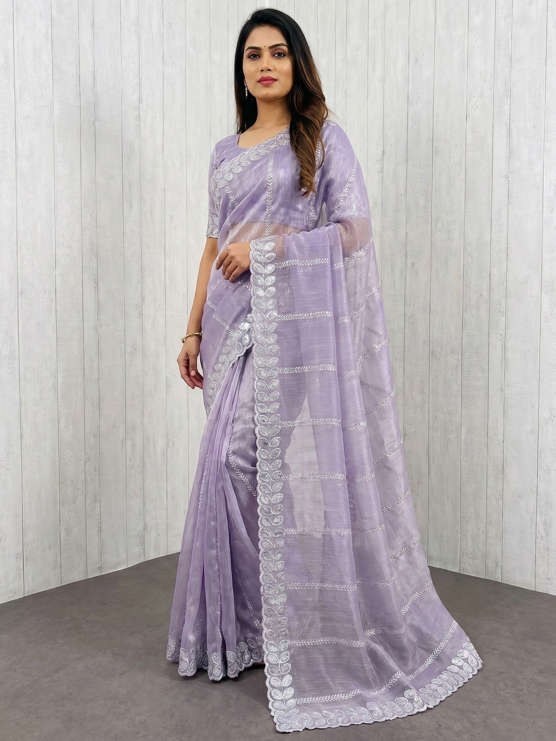 Lavender Sequins Embroidered Chiffon Silk Saree - Image 1