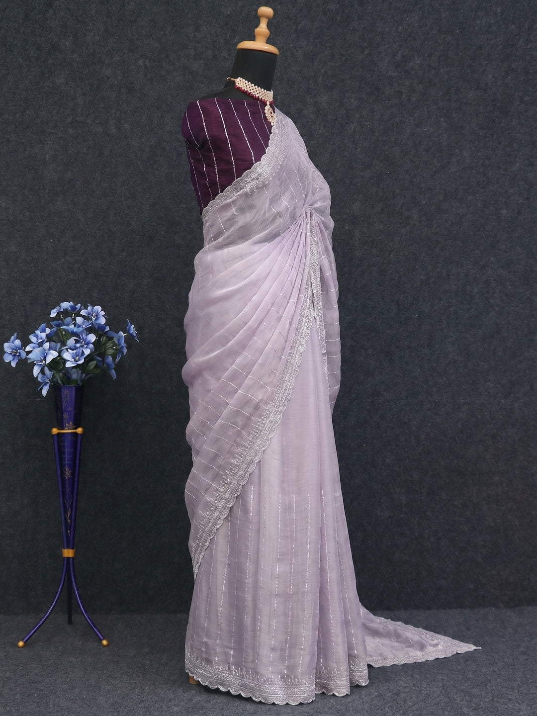Lavender Sequins Embroidered Chiffon Silk Saree - Image 2
