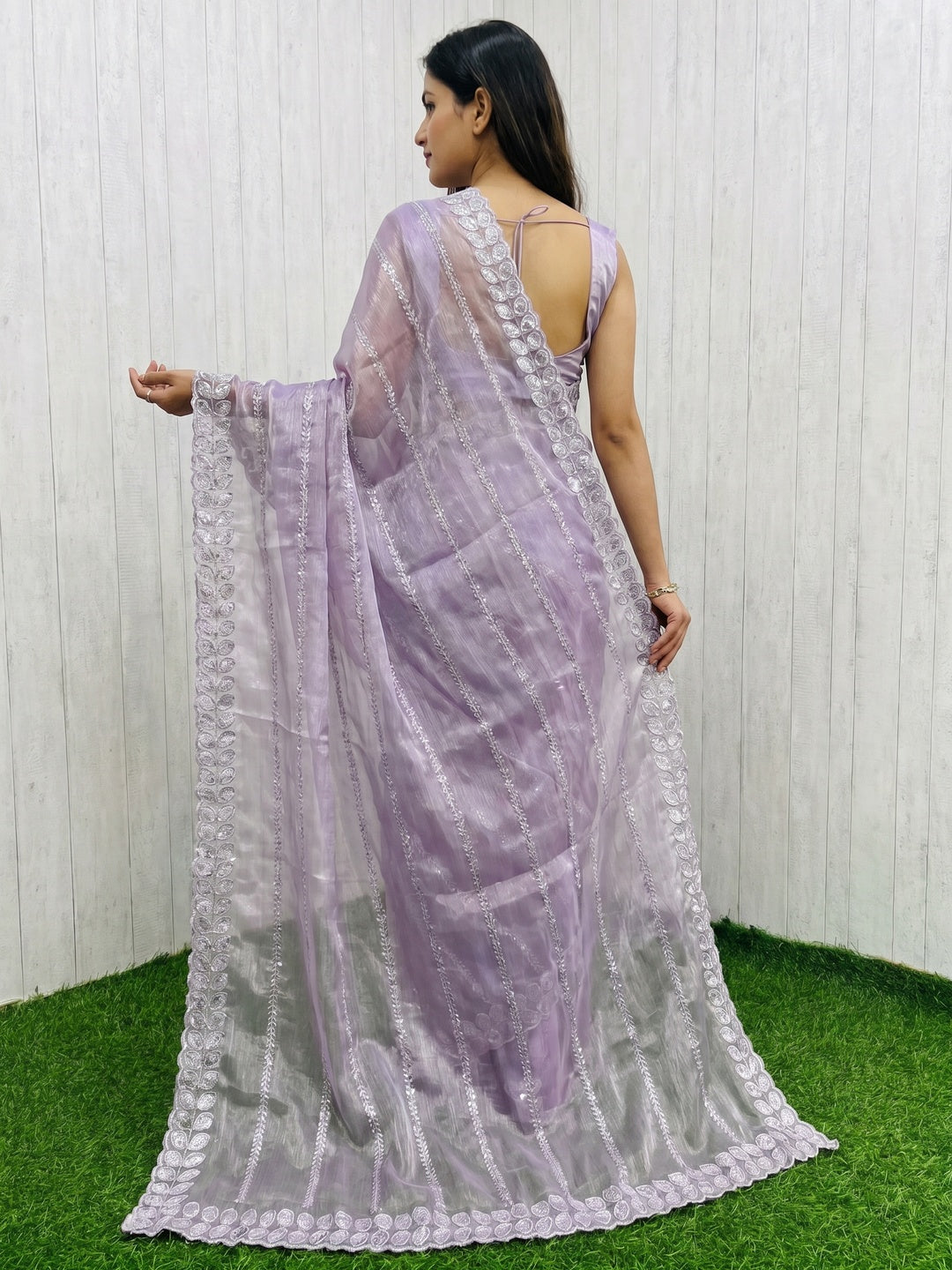 Lavender Sequins Embroidered Chiffon Silk Saree - Image 4